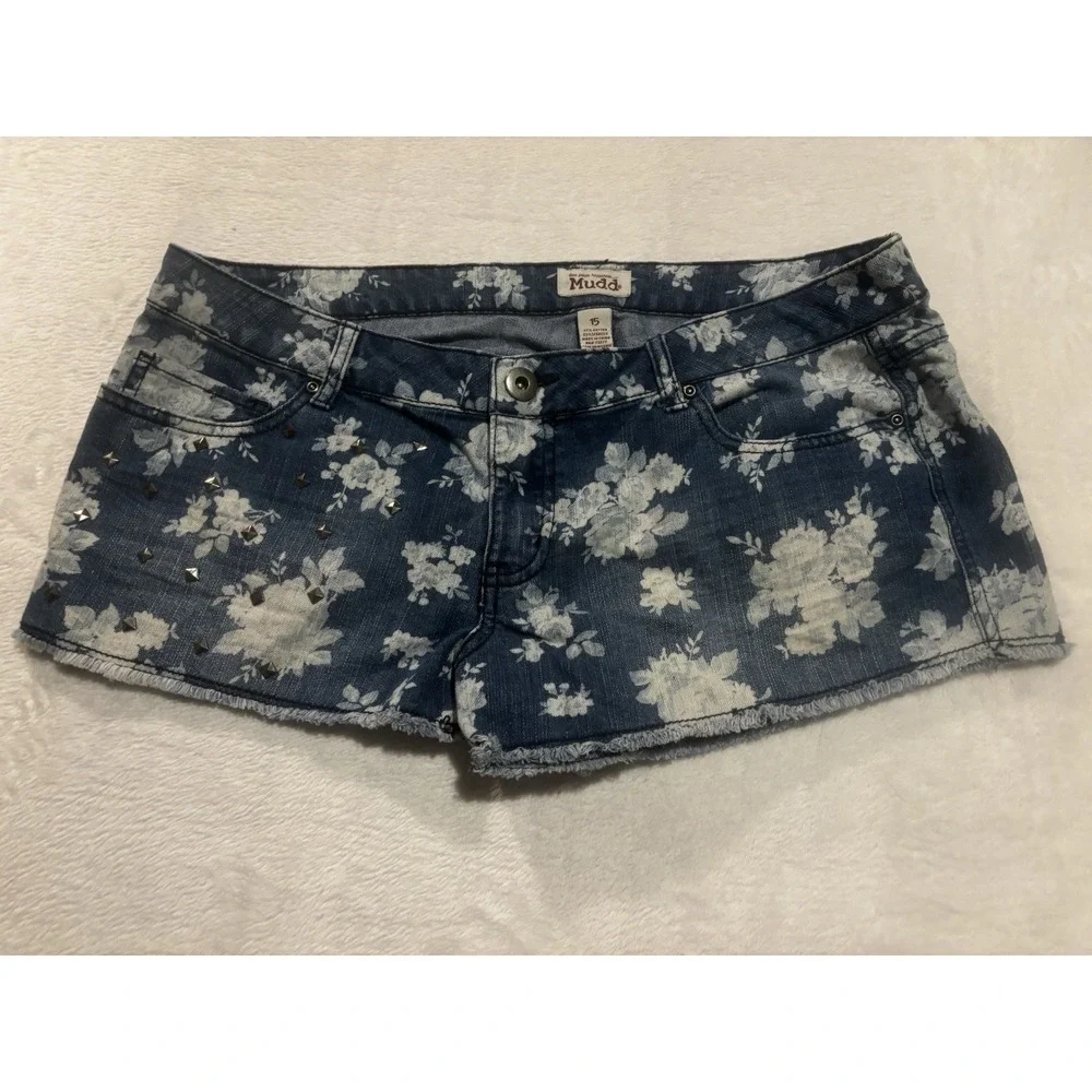 Mudd Shorts Womens 15 Floral Flowers Low Rise Denim Cut Off Boho Frayed Blue‎